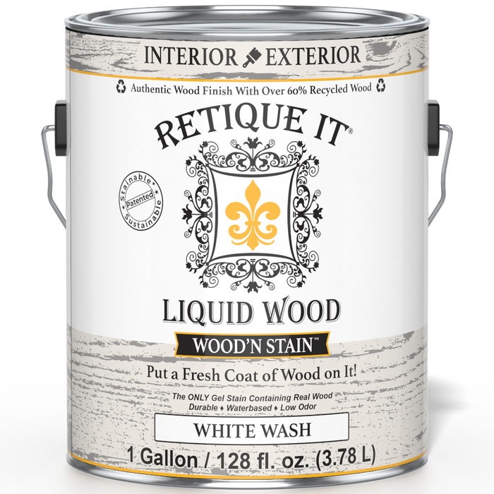 Retique It Liquid Wood Wood'n Stain in White Wash, 128 oz, showing the front of the stain bottle with product label.