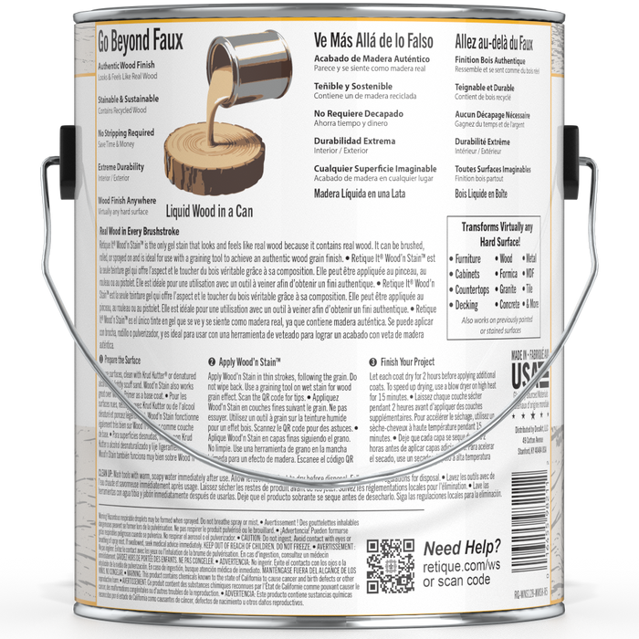 Retique It Liquid Wood Wood'n Stain 128 oz White Wash stain bottle showing the product label and clear container.