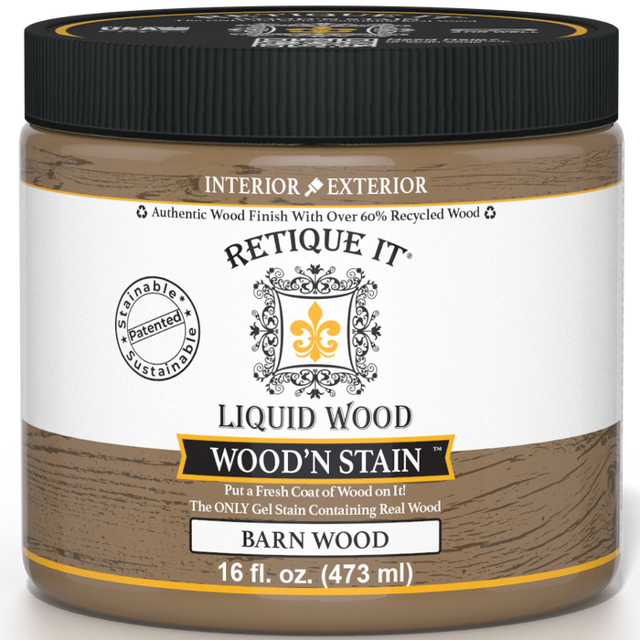 Retique It Liquid Wood Wood'n Stain in 16 oz Barn Wood color, showcasing the stain's rich, natural wood finish.