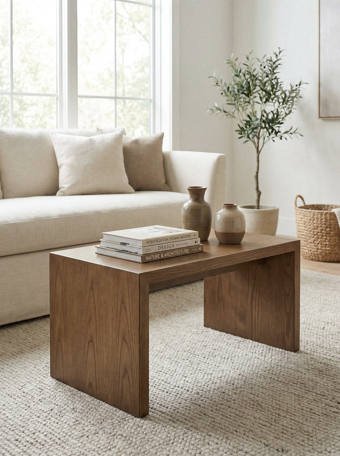 A modern wooden coffee table with a warm medium-brown finish, styled in a bright, neutral living room next to a cream sofa and a potted plant.