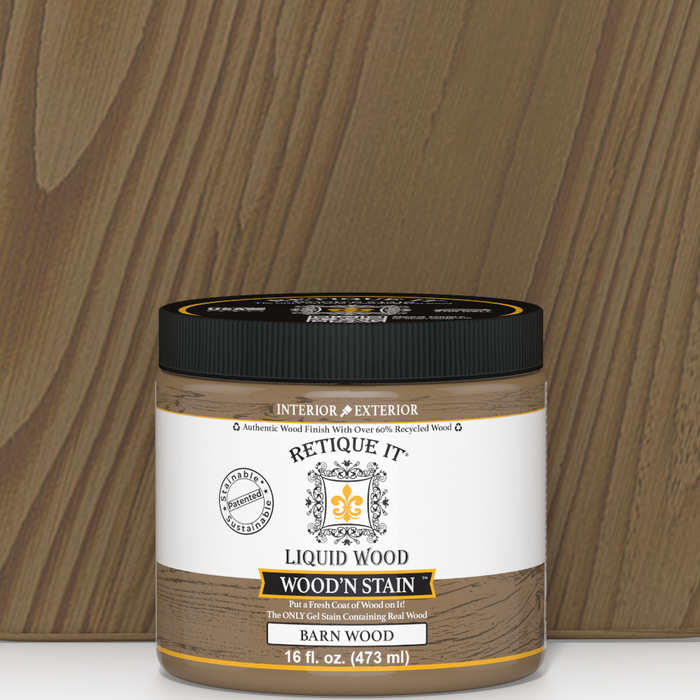 Retique It Liquid Wood Wood'n Stain in 16 oz Barn Wood color, showcasing the stain applied to wood surface for a rustic finish.