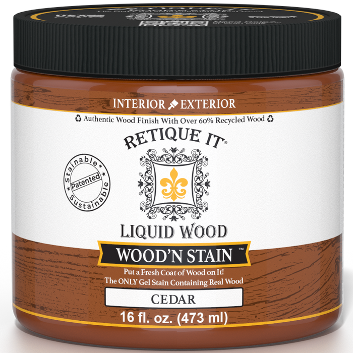 Retique It Liquid Wood Wood'n Stain in Cedar, 16 oz, showcasing the stain's rich cedar color on wood surface.