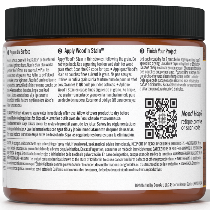 Liquid Wood Wood'n Stain in Cedar color by Retique It; 16 oz bottle showing stain application on wood surface.