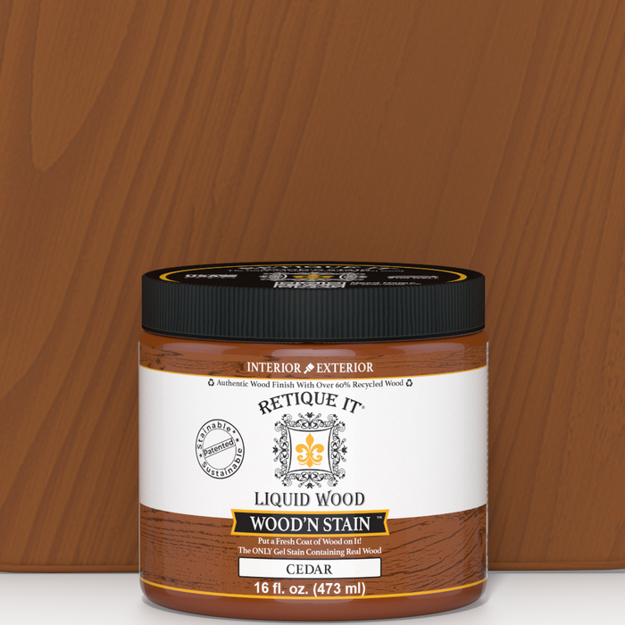 Retique It Liquid Wood Wood'n Stain in Cedar, 16 oz, showing the stain's rich cedar color on wood surface.