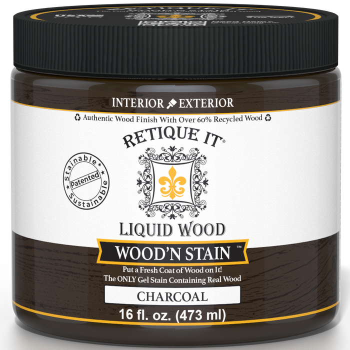 Liquid Wood Wood'n Stain by Retique It in Charcoal, 16 oz, showcasing the deep charcoal stain applied to wood surface.