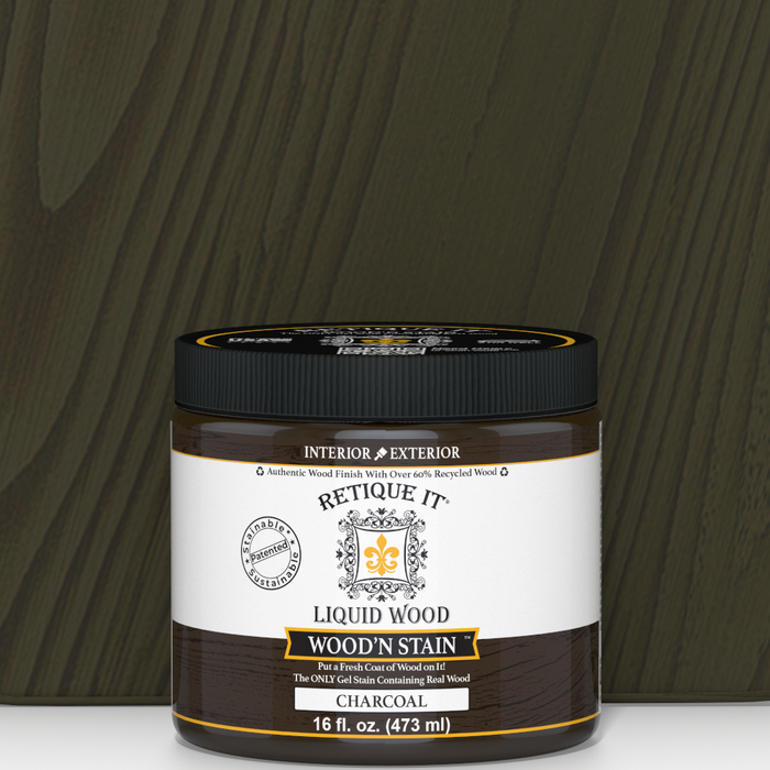 Retique It Liquid Wood Wood'n Stain in Charcoal, 16 oz, showcasing the dark stain applied to wood for a rich finish.