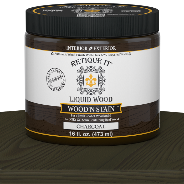 Retique It Liquid Wood Wood'n Stain in Charcoal, 16 oz, showcasing the dark, rich stain applied to wood for a natural finish.