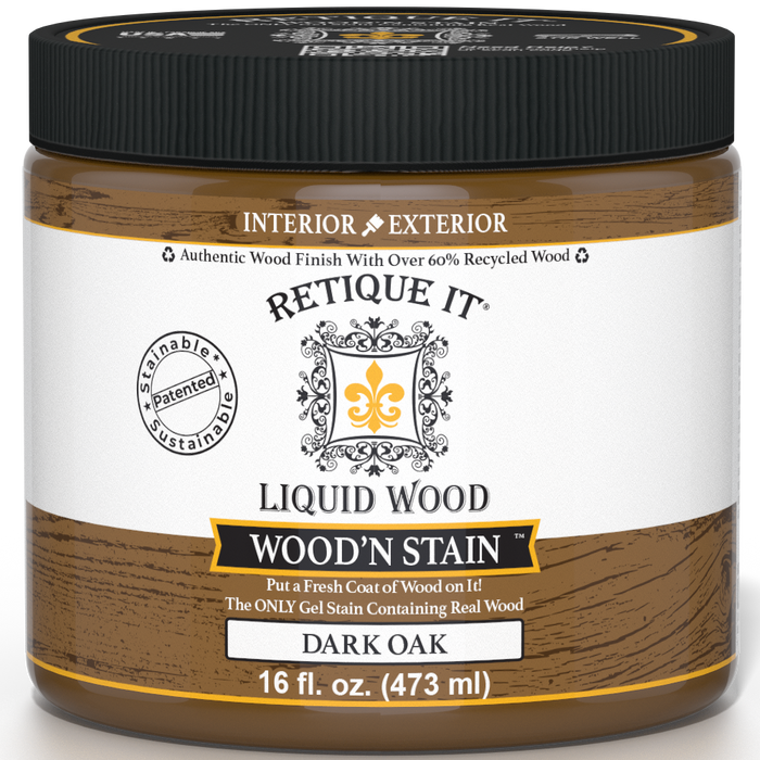 Retique It Liquid Wood Wood'n Stain in 16 oz Dark Oak, showcasing a dark oak wood stain applied to wood surface.