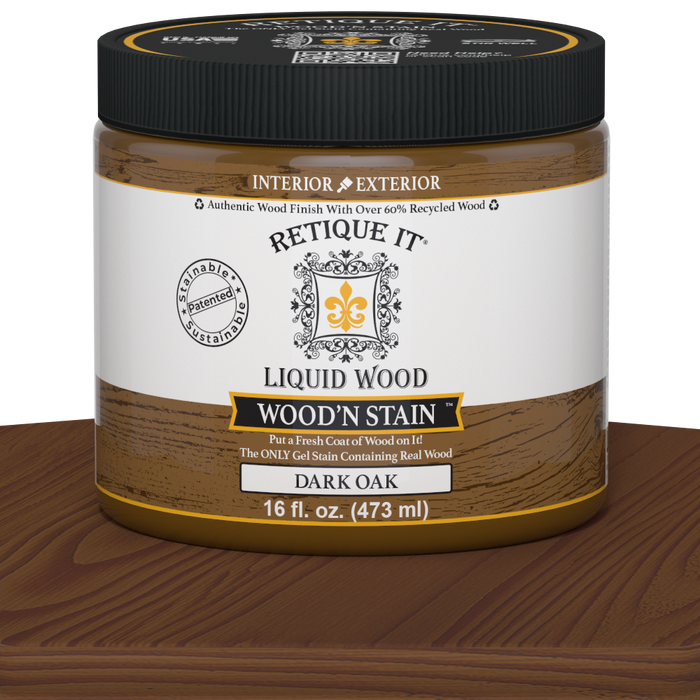 Liquid Wood Wood'n Stain in Dark Oak by Retique It shows a 16 oz container of dark oak stain for wood finishing.