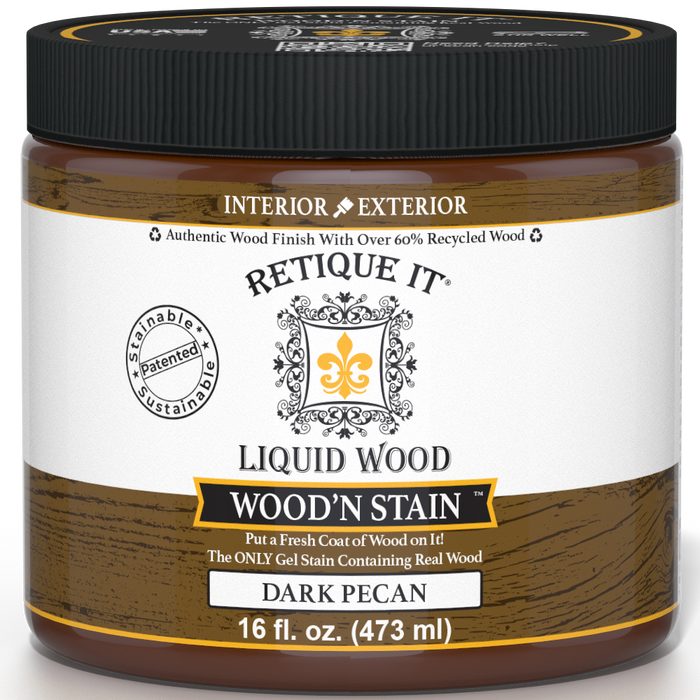 Retique It Liquid Wood Wood'n Stain in Dark Pecan, 16 oz bottle, showcasing the stain's rich dark pecan color for wood projects.