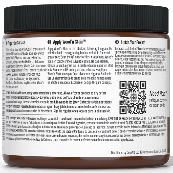 Liquid Wood Wood'n Stain by Retique It in Dark Pecan 16 oz bottle, showcasing the rich stain color and packaging.