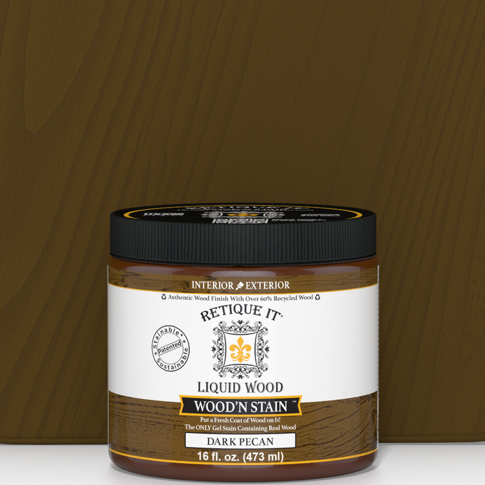 Retique It Liquid Wood Wood'n Stain in Dark Pecan, 16 oz container, showcasing the rich, deep wood stain color and product packaging.