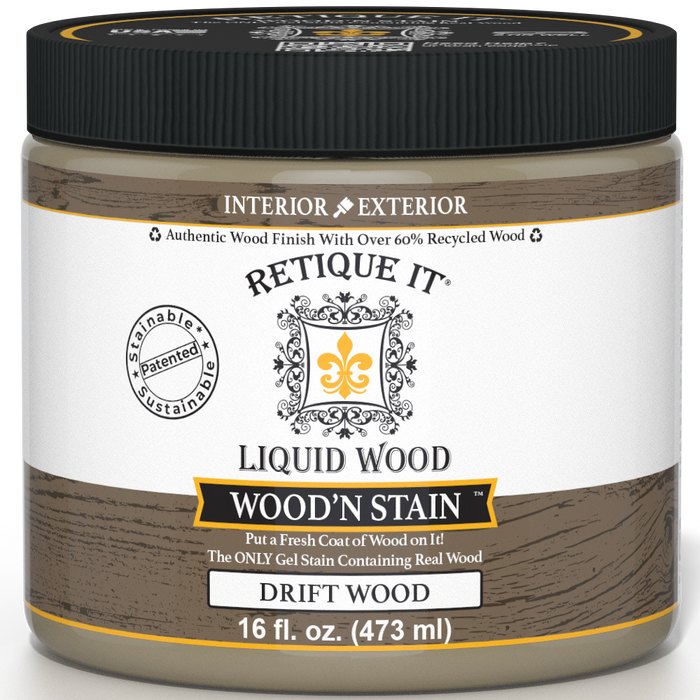 Liquid Wood Wood'n Stain in Drift Wood by Retique It, 16 oz bottle, showcasing the stain's natural wood finish and color.