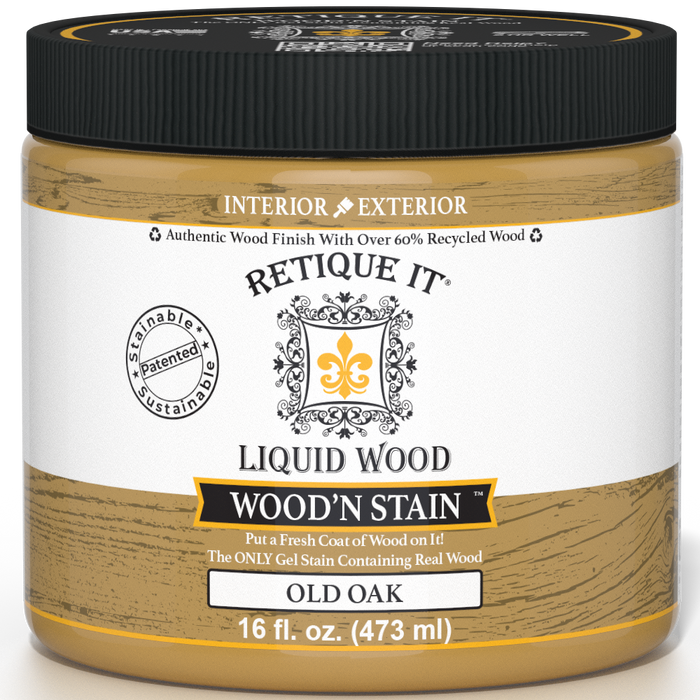 Retique It Liquid Wood Wood'n Stain in Old Oak, 16 oz, showing the rich wood stain color and packaging.