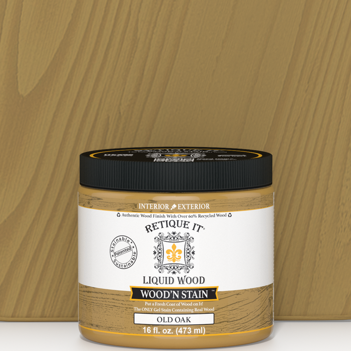 Retique It Liquid Wood Wood'n Stain in Old Oak, 16 oz, showing the rich wood stain in a jar with a natural wood finish