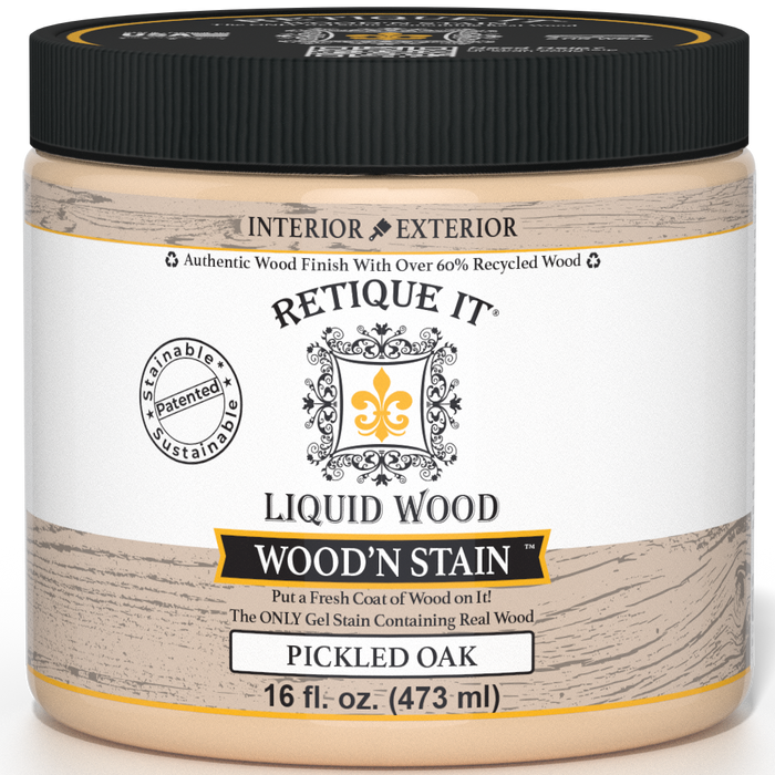 Liquid Wood Wood'n Stain by Retique It in Pickled Oak, 16 oz, showing the stain container and product label.