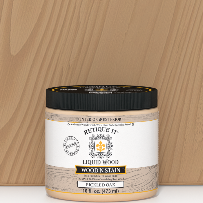 Liquid Wood Wood'n Stain in Pickled Oak by Retique It, 16 oz bottle, showing stain color and applicator brush.