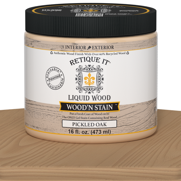 Liquid Wood Wood'n Stain in Pickled Oak by Retique It, 16 oz bottle, showing the stain's color and packaging.