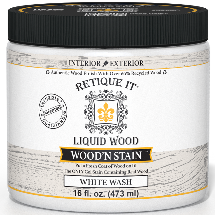 Retique It Liquid Wood Wood'n Stain 16 oz in White Wash, showcasing the stain's light, translucent finish on wood.