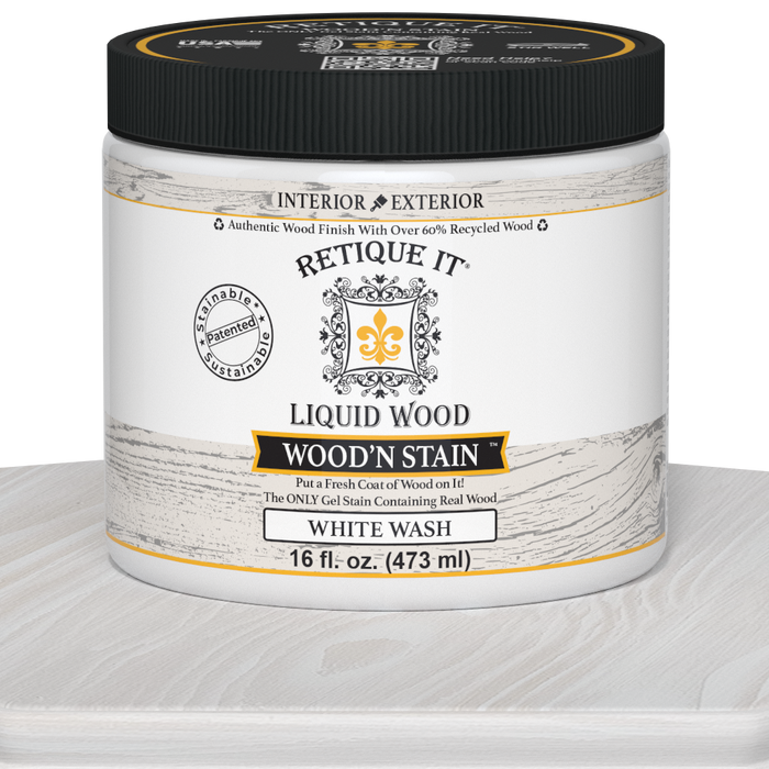 Retique It Liquid Wood Wood'n Stain 16 oz in White Wash showing a container of wood stain product.