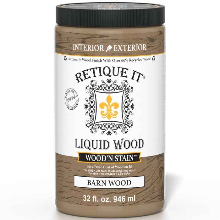 Liquid Wood Wood'n Stain by Retique It in barn wood color, 32 oz bottle, showcasing the stain's rich, natural wood finish.