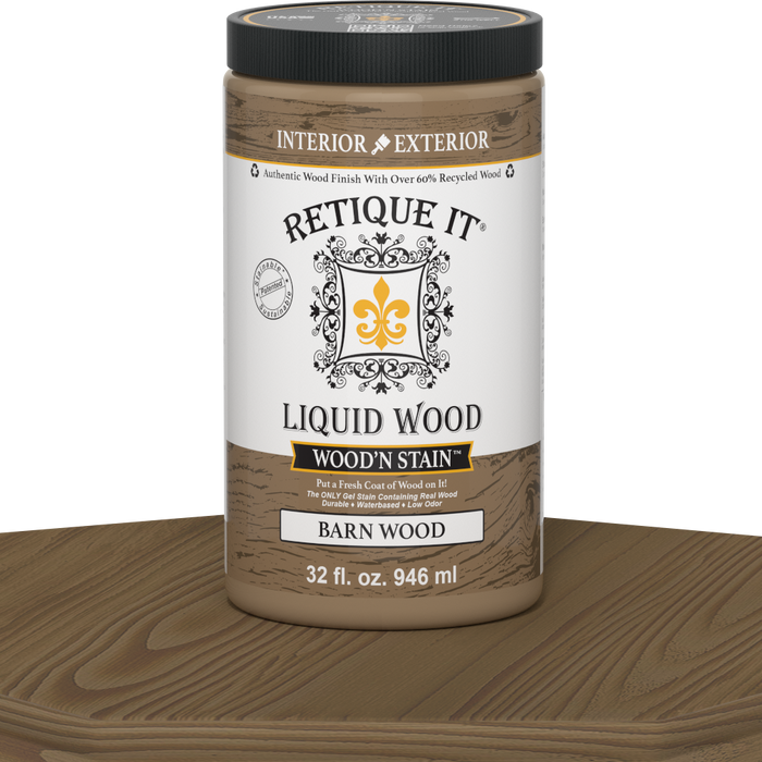 Liquid Wood Wood'n Stain by Retique It in barn wood color, 32 oz bottle, showcasing the stain's rich, natural wood finish.