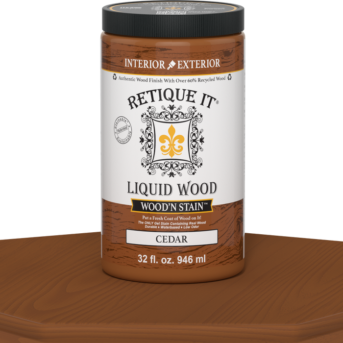 Liquid Wood Wood'n Stain 32 oz cedar color by Retique It shown in a container with wood grain sample.