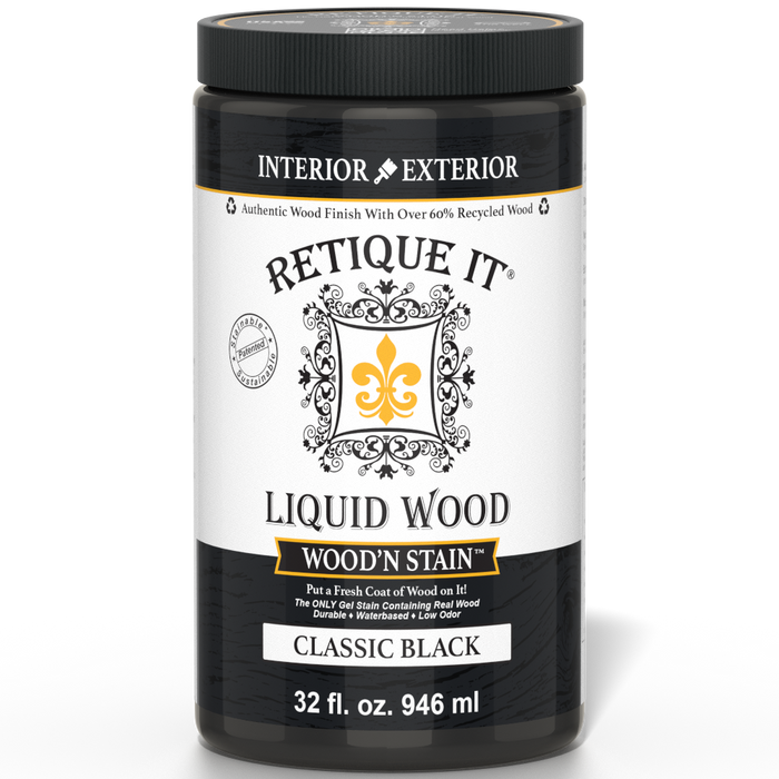 Retique It Liquid Wood Wood'n Stain in 32 oz Classic Black, showcasing the dark stain applied to wood surface.