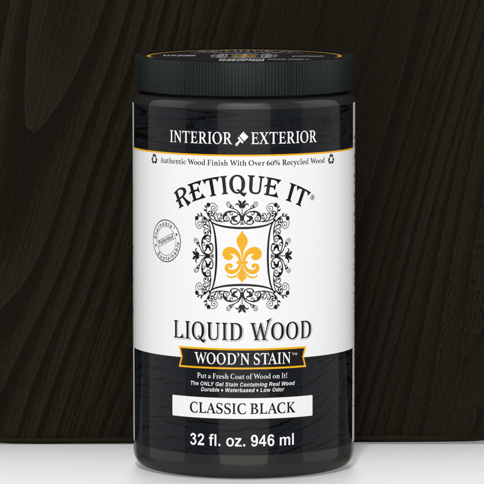 Retique It Liquid Wood Wood'n Stain in Classic Black, 32 oz bottle, showcasing the dark stain product for wood finishing.