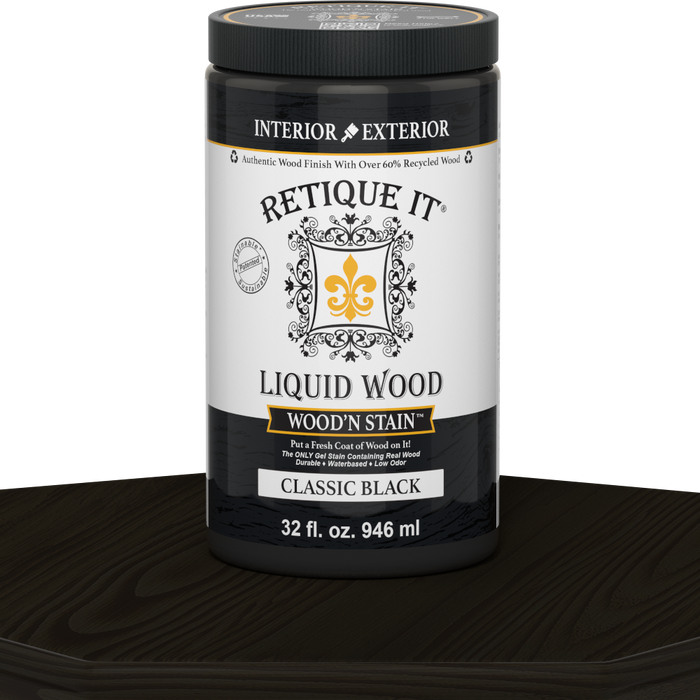 Retique It Liquid Wood Wood'n Stain in Classic Black, 32 oz bottle, showcasing the dark stained wood surface.