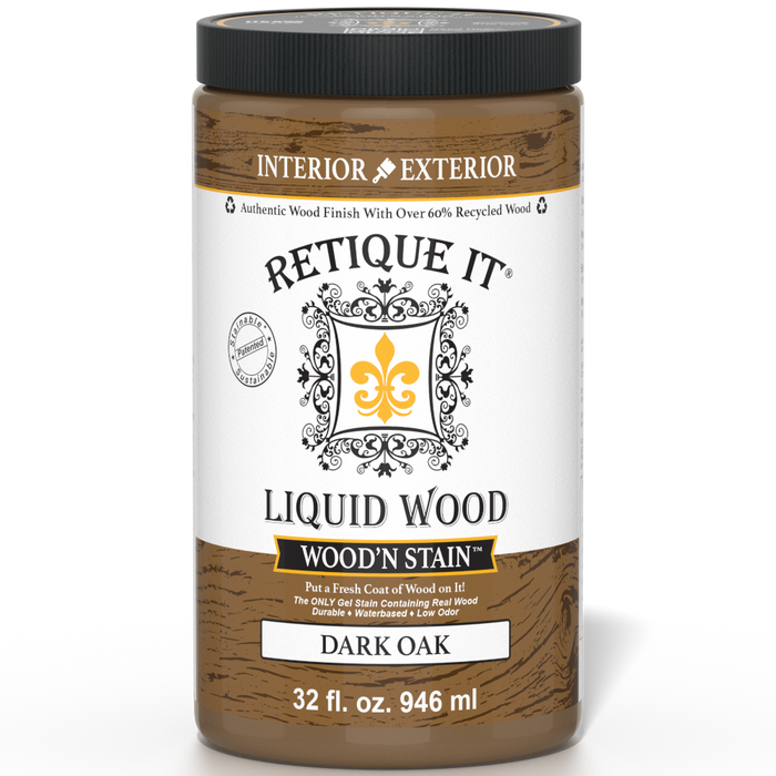 Liquid Wood Wood'n Stain in Dark Oak by Retique It, 32 oz bottle showing the dark oak stain color and product label.