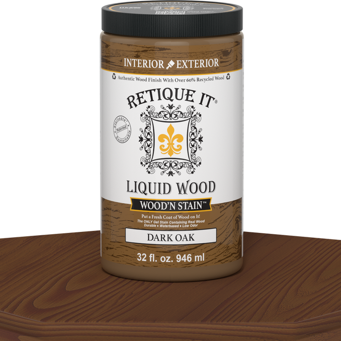 Retique It Liquid Wood Wood'n Stain in Dark Oak, 32 oz bottle, showcasing the rich, deep wood stain color for furniture and decor.
