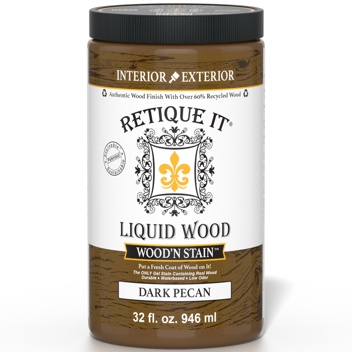 Liquid Wood Wood'n Stain by Retique It in Dark Pecan, 32 oz bottle, showcasing the rich, dark stain for wood finishing.