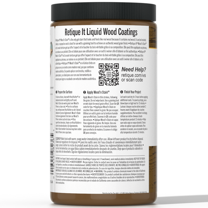 Retique It Liquid Wood Wood'n Stain in Dark Pecan, 32 oz bottle, showcasing the stain's rich, deep wood tone.