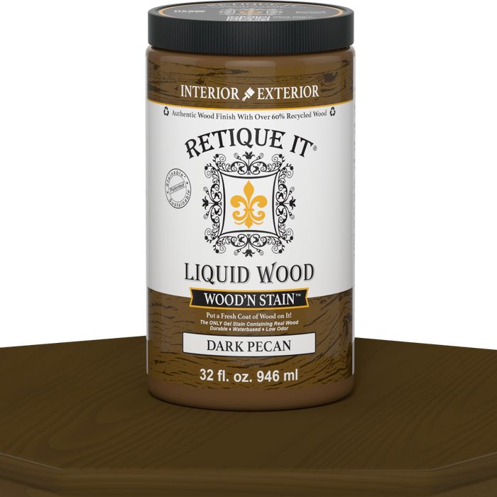 Liquid Wood Wood'n Stain in Dark Pecan by Retique It, 32 oz bottle, showcasing the rich dark wood stain color.