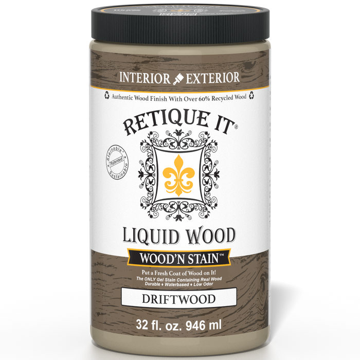 Liquid Wood Wood'n Stain in Drift Wood color by Retique It, 32 oz bottle, showing the stain's natural wood finish.