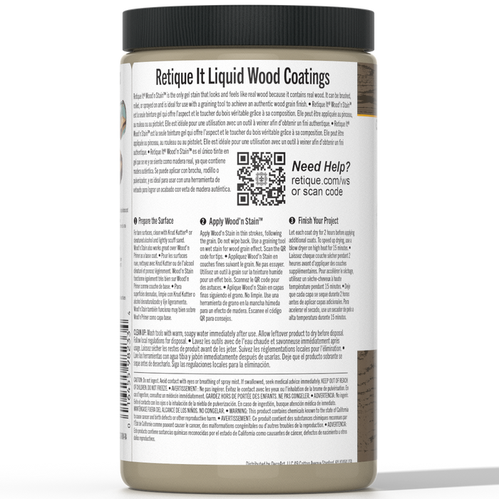 Retique It Liquid Wood Wood'n Stain in Drift Wood, 32 oz bottle, showing the stain and wood grain application.