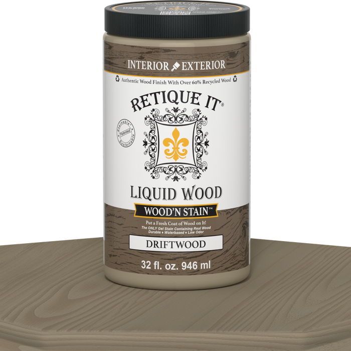 Retique It Liquid Wood Wood'n Stain in Drift Wood color, 32 oz bottle, showcasing the stain's natural wood finish and applicator.