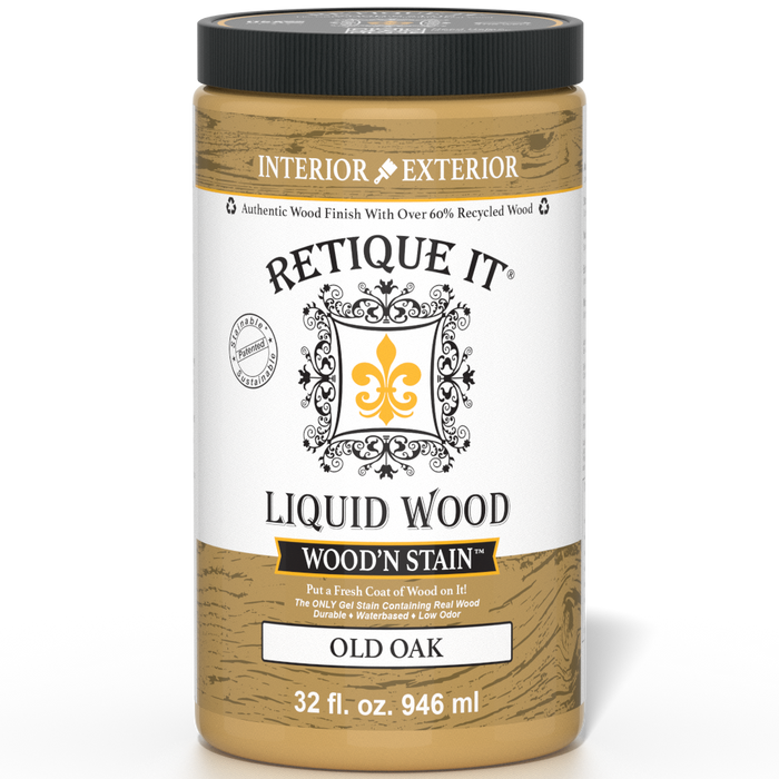 Liquid Wood Wood'n Stain in Old Oak by Retique It, 32 oz bottle, showcasing the stain's rich wood tone for furniture and craft projects.