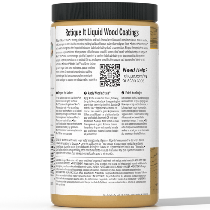 Retique It Liquid Wood Wood'n Stain in Old Oak, 32 oz bottle, showing the stain's rich wood tone and applicator tip.