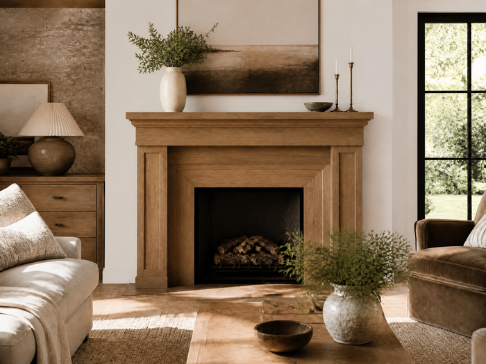 A warm, modern living room featuring a central wood-burning fireplace with a matching wooden mantel. The room is styled with neutral-toned furniture, including a cream sofa on the left and a brown armchair on the right, with a wooden coffee table in the foreground holding a textured vase with greenery and a small bowl.