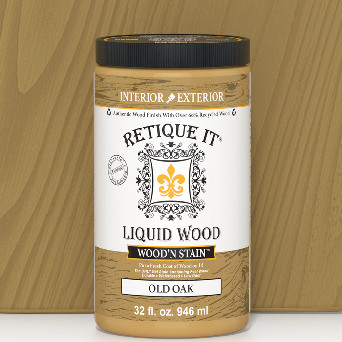 Retique It Liquid Wood Wood'n Stain in Old Oak, 32 oz bottle, showcasing the stain's rich oak color and smooth liquid consistency.