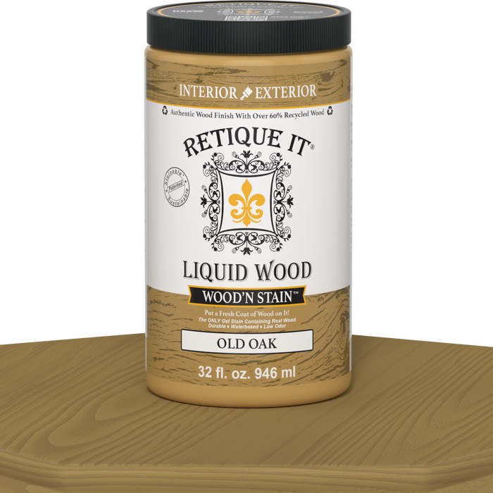 Retique It Liquid Wood Wood'n Stain in Old Oak, 32 oz bottle showing the stain's rich oak color and wood grain detail.