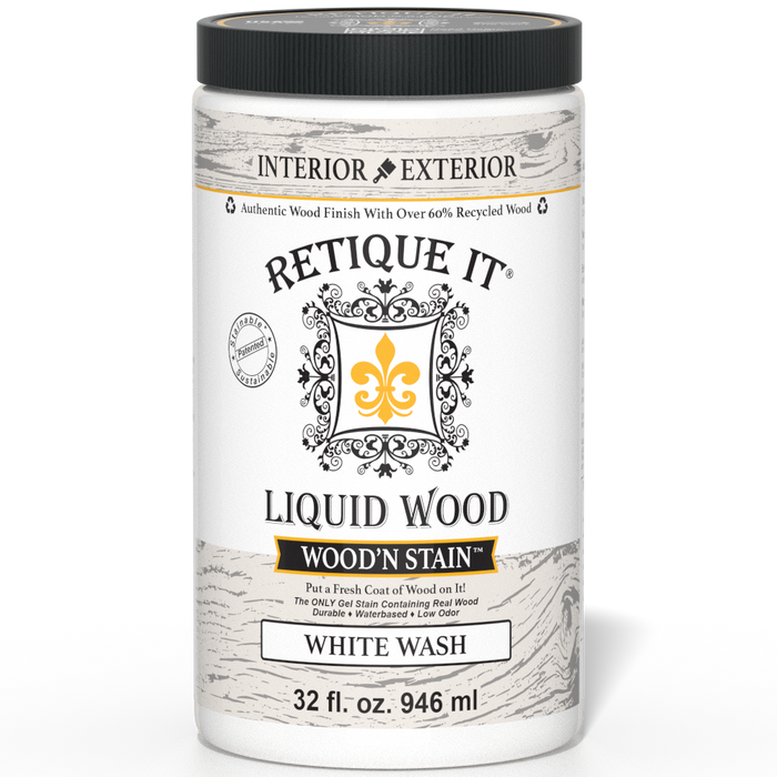 Retique It Liquid Wood Wood'n Stain 32 oz in White Wash, showing the stain container and white-washed wood sample.