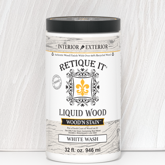 Retique It Liquid Wood Wood'n Stain 32 oz in White Wash showing a can of wood stain with white wash finish.