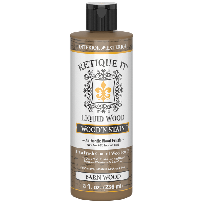 Liquid Wood Wood'n Stain by Retique It in Barn Wood color, 8 oz bottle, showing the wood stain product next to a wood surface.
