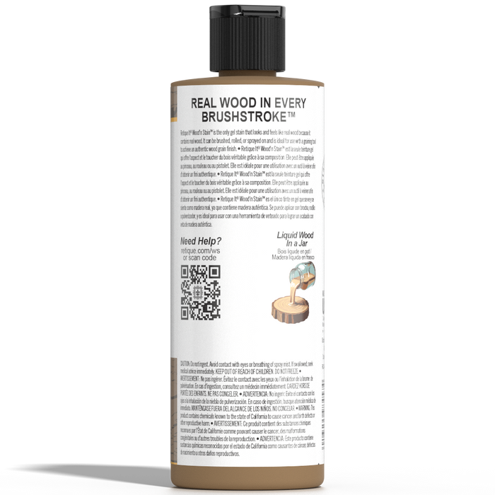 Retique It Liquid Wood Wood'n Stain in Barn Wood color, 8 oz, showcasing the stain's rich, natural wood finish and bottle details.