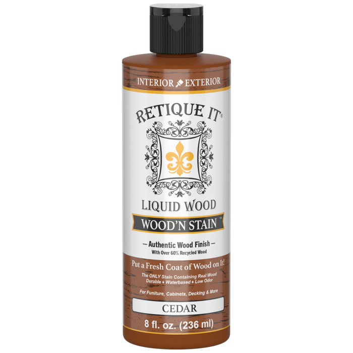 Liquid Wood Wood'n Stain by Retique It in Cedar color, 8 oz bottle, showing the stain's rich cedar wood finish.