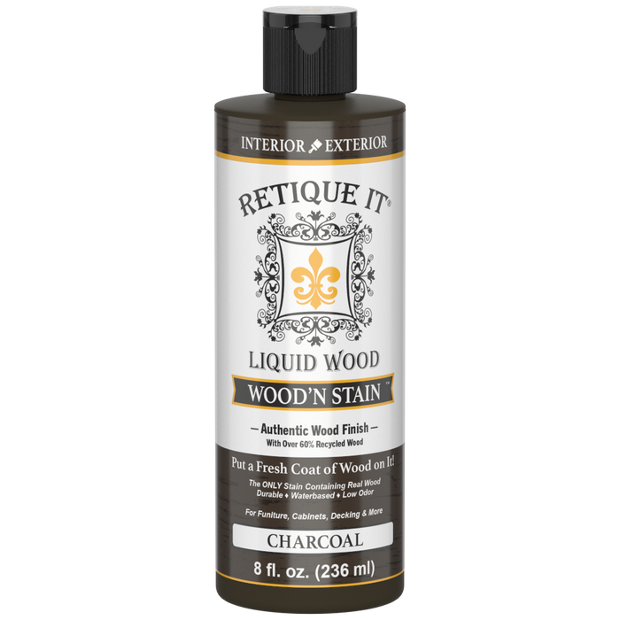 Retique It Liquid Wood Wood'n Stain in 8 oz Charcoal color, showing the stain's dark charcoal finish on wood surface.