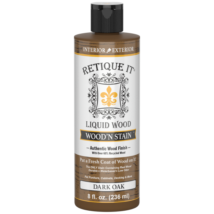 Dark oak wood stain in 8 oz bottle by Retique It Liquid Wood Wood'n Stain, showcasing the deep, rich stain color and packaging.